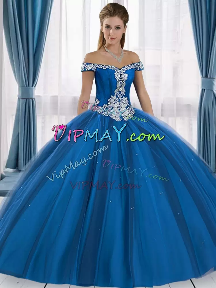 Smart Off The Shoulder Sleeveless Tulle Quince Ball Gowns Appliques Lace Up