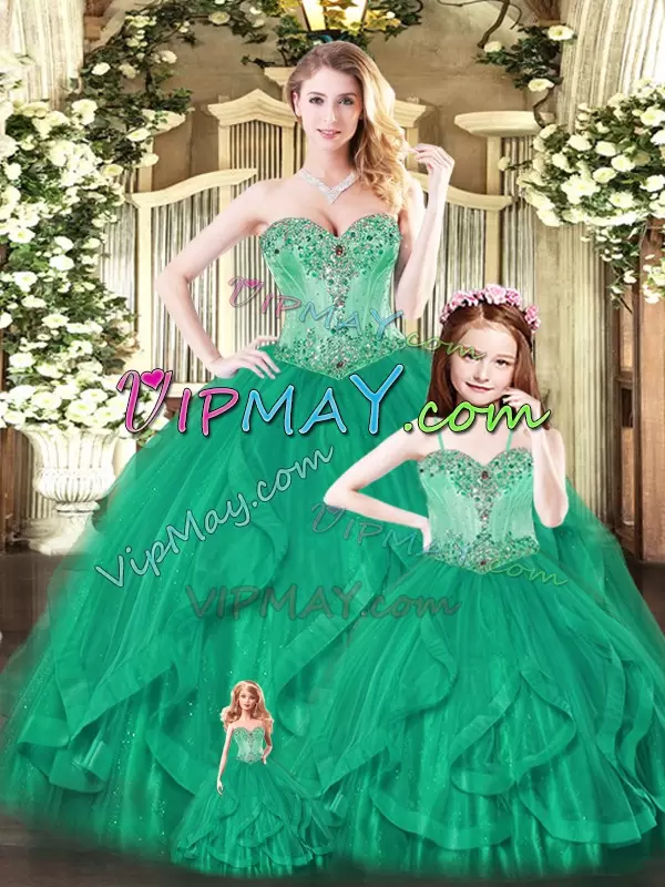 Dazzling Green Tulle Lace Up Sweet 16 Dress Sleeveless Floor Length Beading and Ruffles