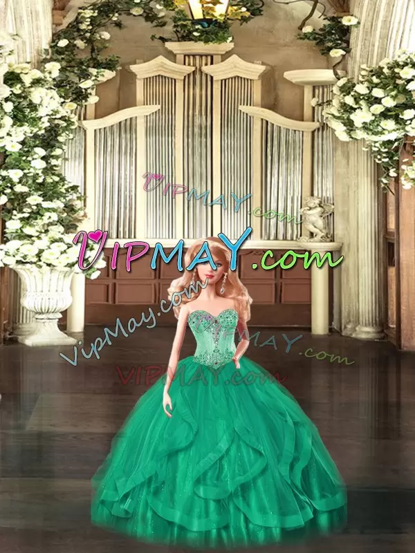 Dazzling Green Tulle Lace Up Sweet 16 Dress Sleeveless Floor Length Beading and Ruffles