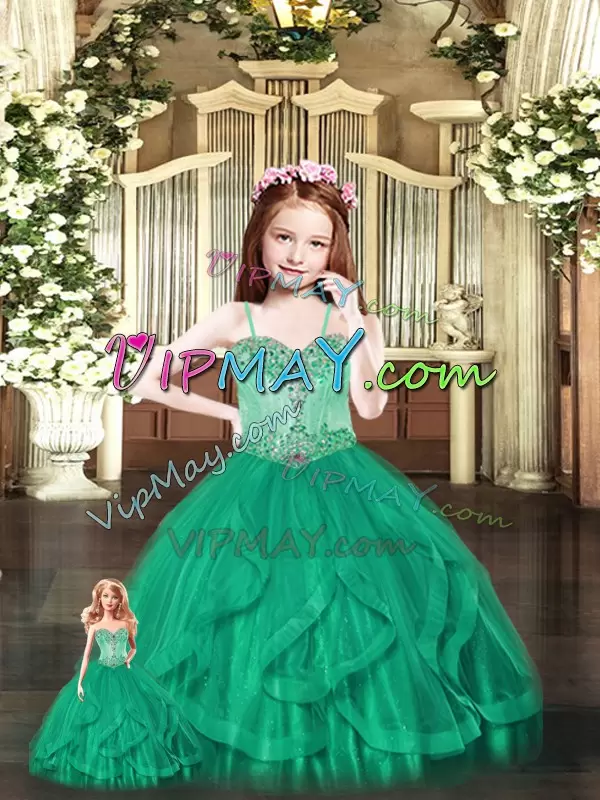 Dazzling Green Tulle Lace Up Sweet 16 Dress Sleeveless Floor Length Beading and Ruffles