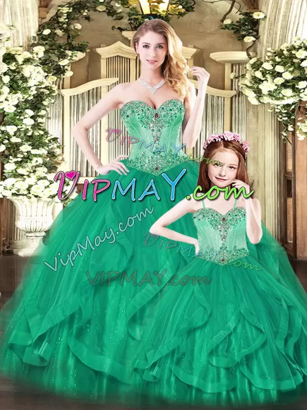 Dazzling Green Tulle Lace Up Sweet 16 Dress Sleeveless Floor Length Beading and Ruffles