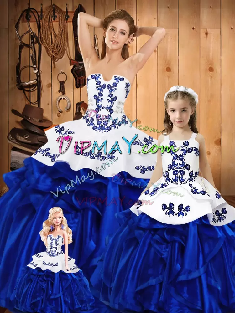 Floor Length Blue Sweet 16 Quinceanera Dress Organza Sleeveless Embroidery and Ruffles