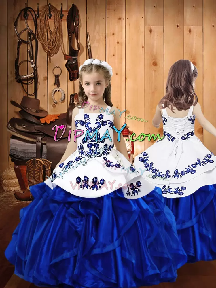 Floor Length Blue Sweet 16 Quinceanera Dress Organza Sleeveless Embroidery and Ruffles