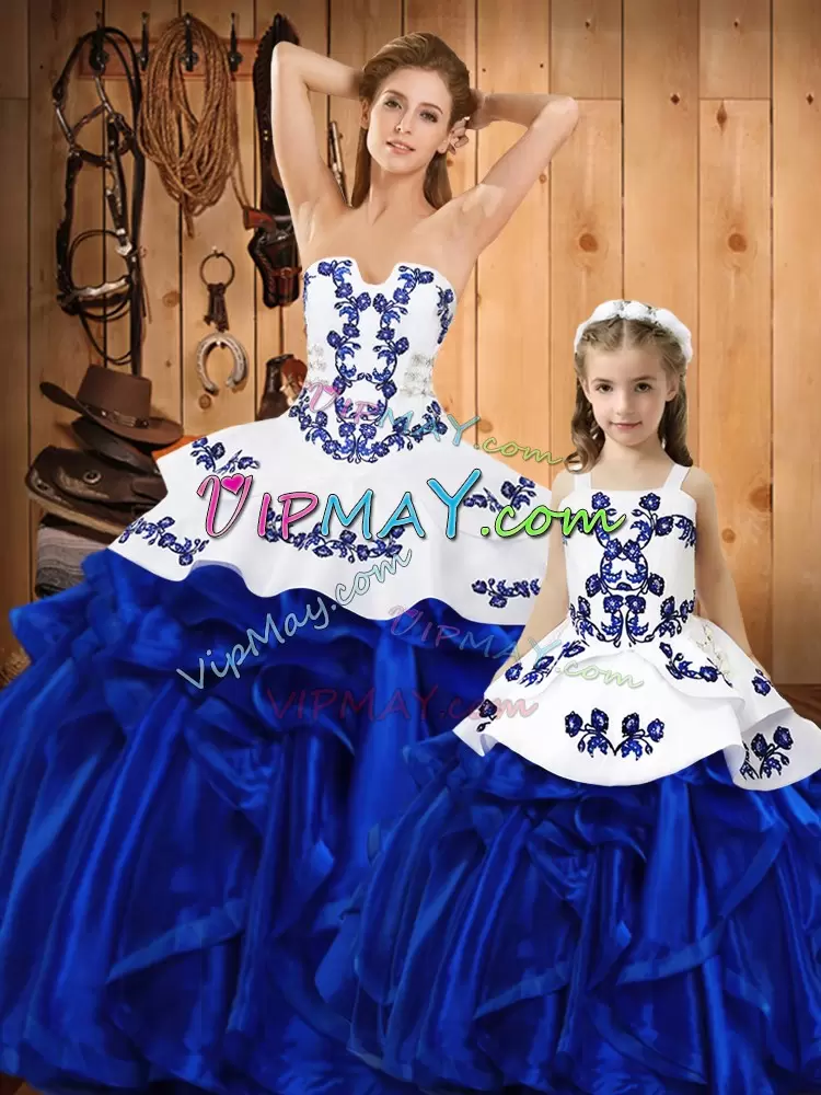 Floor Length Blue Sweet 16 Quinceanera Dress Organza Sleeveless Embroidery and Ruffles