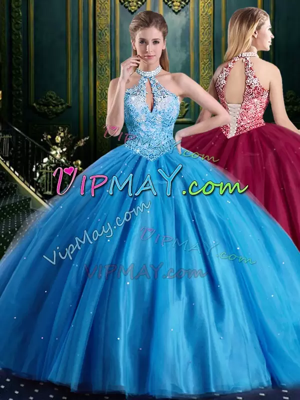 Modern Baby Blue Quinceanera Dress Military Ball and Sweet 16 and Quinceanera with Beading and Lace and Appliques High-neck Sleeveless Lace Up