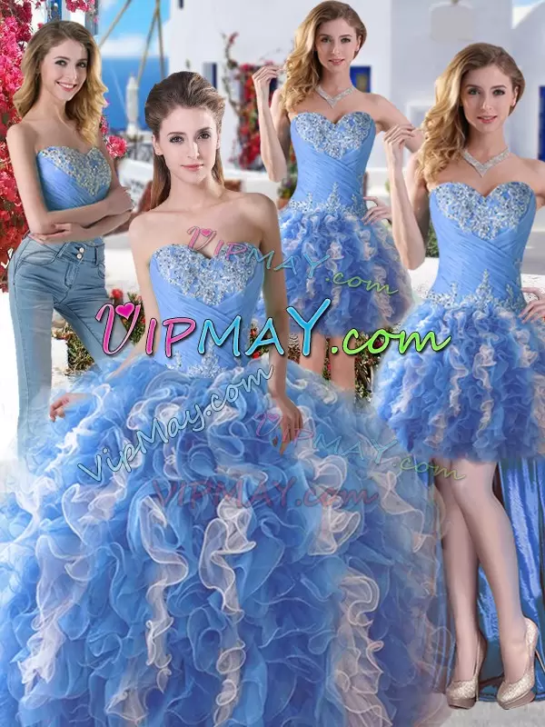 Cheap Organza Sweetheart Sleeveless Lace Up Beading 15th Birthday Dress in Blue And White