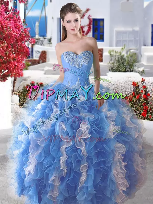 Cheap Organza Sweetheart Sleeveless Lace Up Beading 15th Birthday Dress in Blue And White