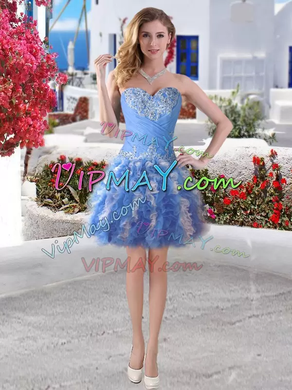 Cheap Organza Sweetheart Sleeveless Lace Up Beading 15th Birthday Dress in Blue And White