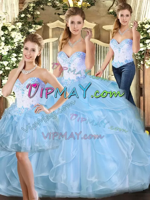 Blue Sleeveless Beading and Ruffles Floor Length Quince Ball Gowns