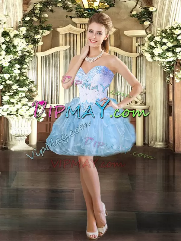 Blue Sleeveless Beading and Ruffles Floor Length Quince Ball Gowns