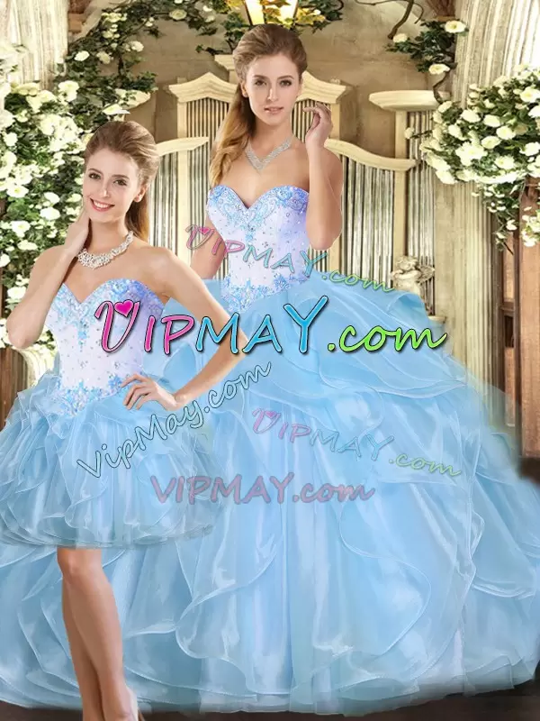 Blue Sleeveless Beading and Ruffles Floor Length Quince Ball Gowns