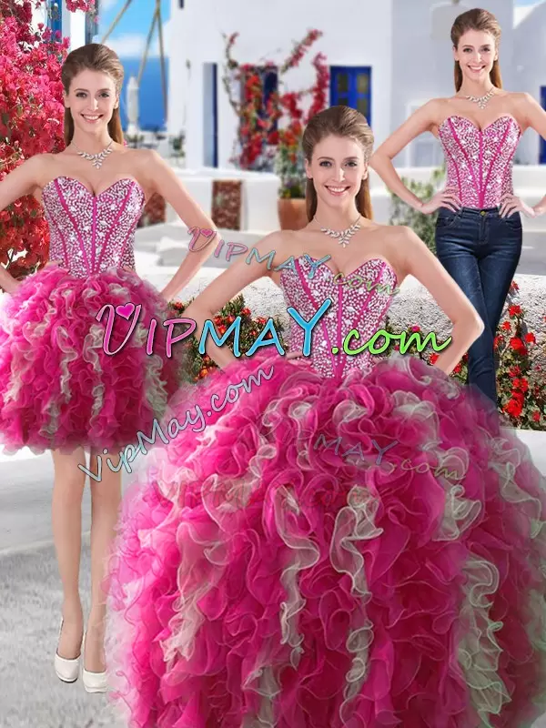 Graceful White and Hot Pink Sweetheart Lace Up Beading Quinceanera Dresses Sleeveless