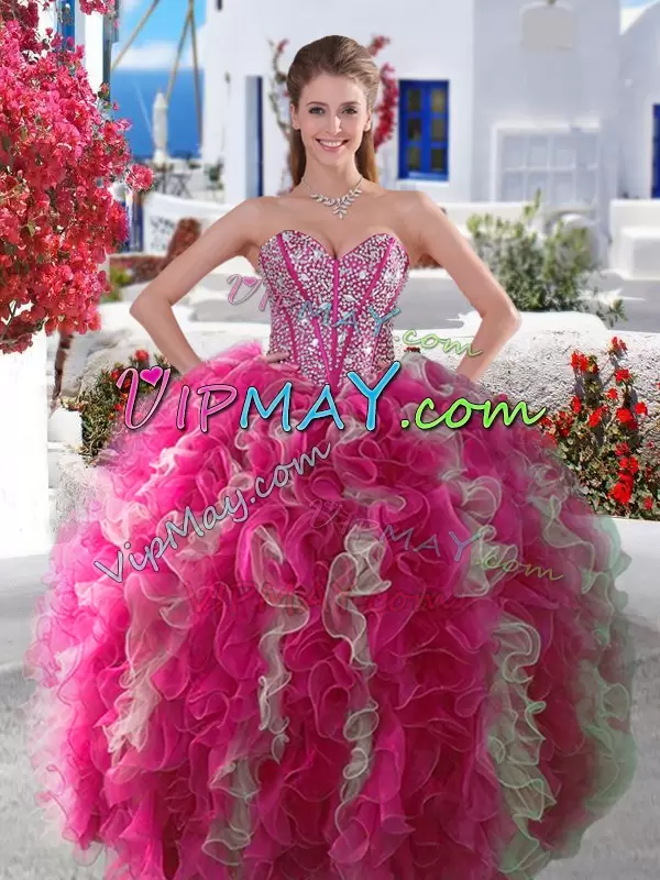 Graceful White and Hot Pink Sweetheart Lace Up Beading Quinceanera Dresses Sleeveless