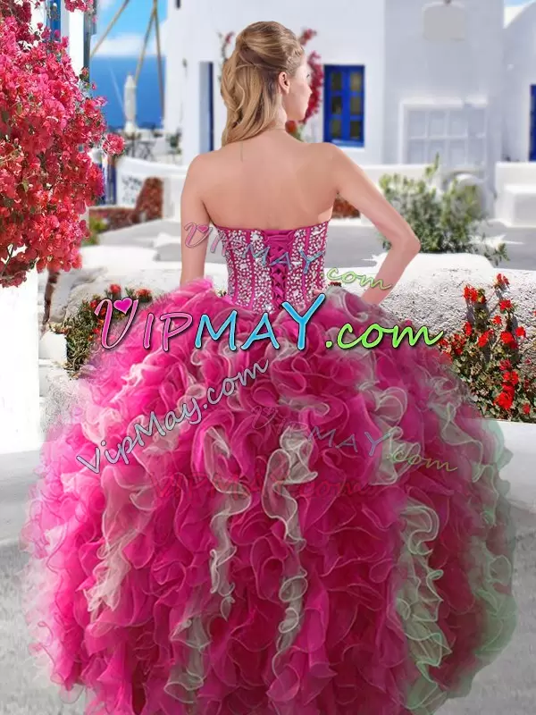 Graceful White and Hot Pink Sweetheart Lace Up Beading Quinceanera Dresses Sleeveless