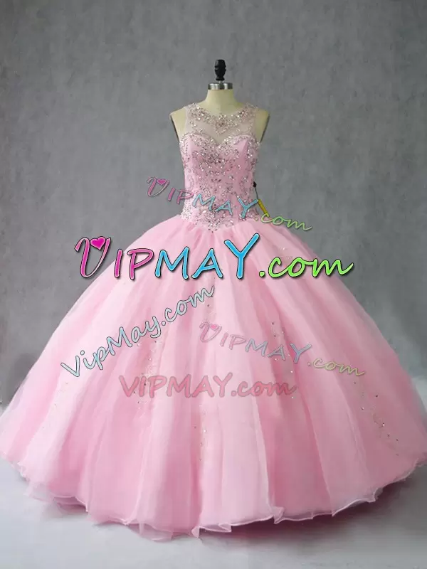 bright pink quinceanera dress,big pink quinceanera dress,pink ball gown quinceanera dress,organza quinceanera dress,illusion neck quinceanera dress,quinceanera dress with keyhole back,lace up back quinceanera dress,low cost quinceanera dress,