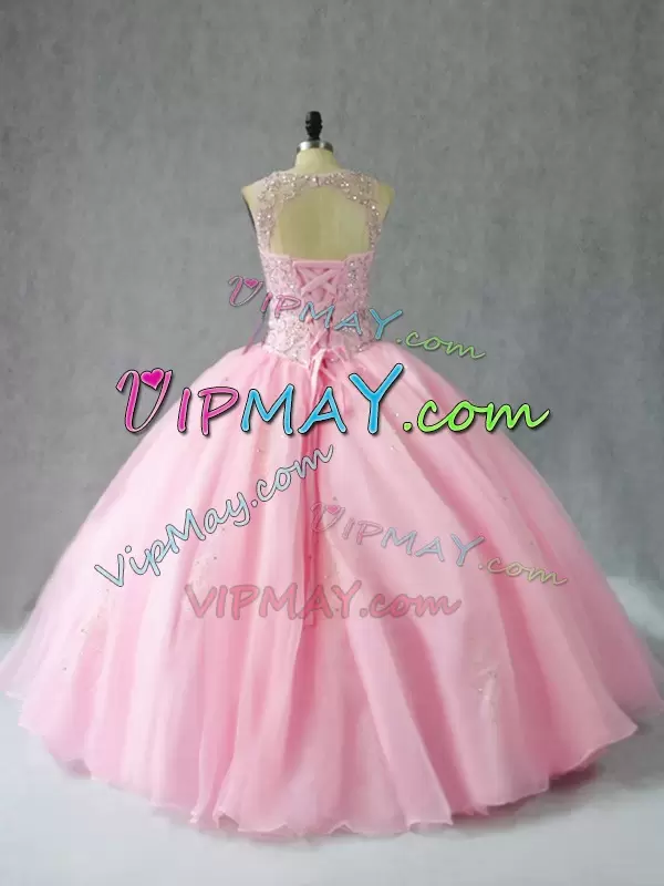 bright pink quinceanera dress,big pink quinceanera dress,pink ball gown quinceanera dress,organza quinceanera dress,illusion neck quinceanera dress,quinceanera dress with keyhole back,lace up back quinceanera dress,low cost quinceanera dress,