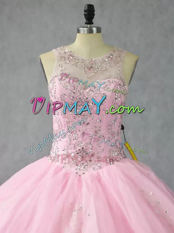 bright pink quinceanera dress,big pink quinceanera dress,pink ball gown quinceanera dress,organza quinceanera dress,illusion neck quinceanera dress,quinceanera dress with keyhole back,lace up back quinceanera dress,low cost quinceanera dress,