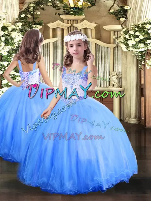 Glittering Blue Ball Gowns Tulle Sweetheart Sleeveless Beading Floor Length Lace Up Quinceanera Dress