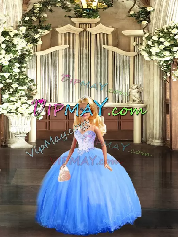 Glittering Blue Ball Gowns Tulle Sweetheart Sleeveless Beading Floor Length Lace Up Quinceanera Dress