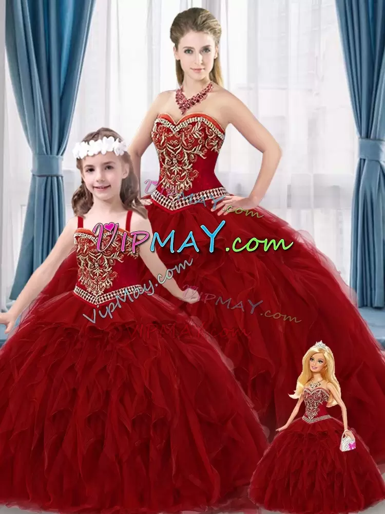 Great Sweetheart Sleeveless Vestidos de Quinceanera Floor Length Beading and Ruffles Red Tulle