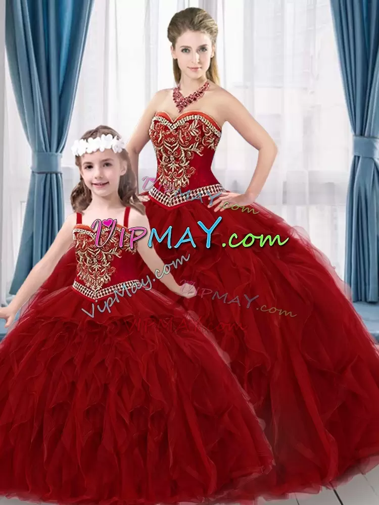 Great Sweetheart Sleeveless Vestidos de Quinceanera Floor Length Beading and Ruffles Red Tulle