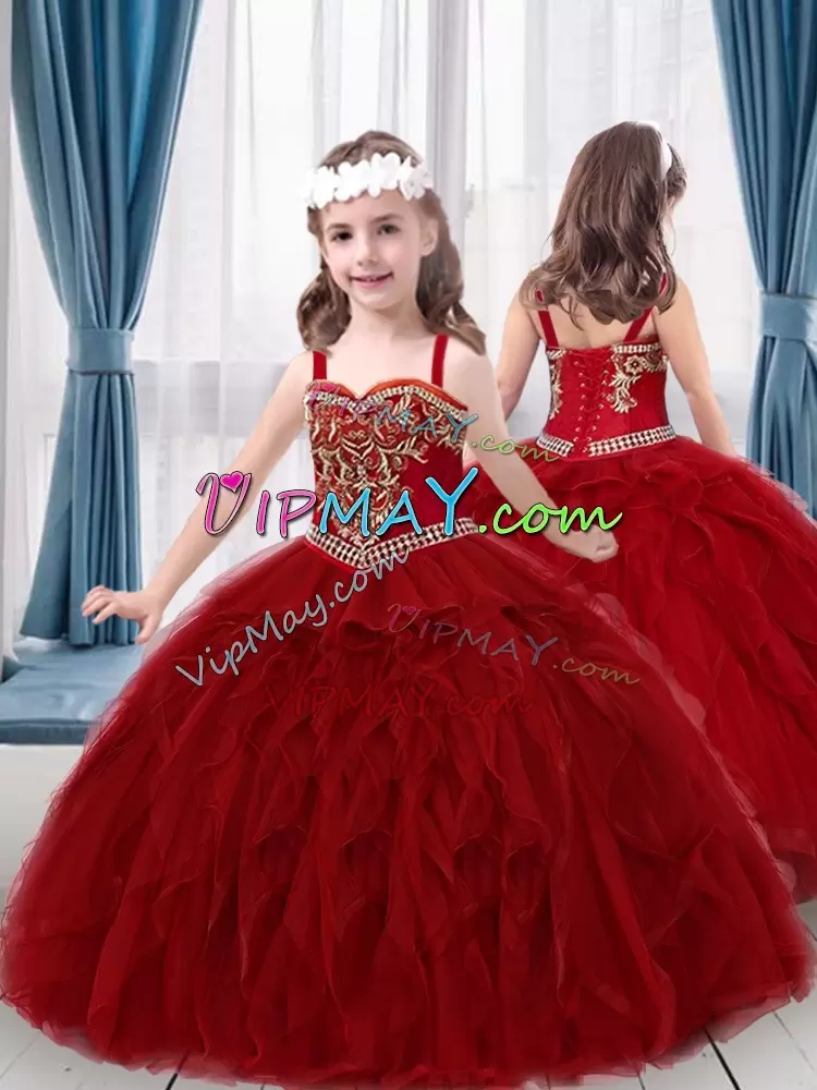 Great Sweetheart Sleeveless Vestidos de Quinceanera Floor Length Beading and Ruffles Red Tulle