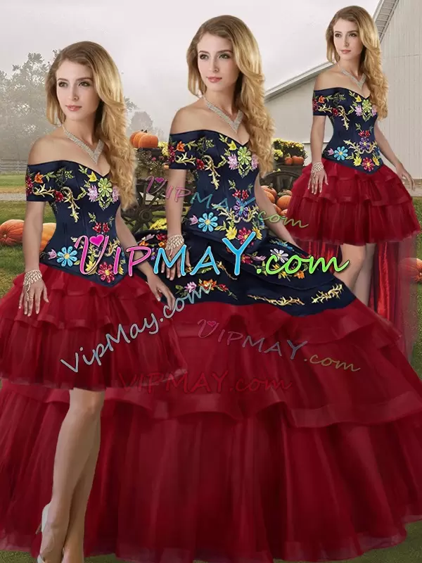 Exceptional Wine Red Lace Up Off The Shoulder Embroidery and Ruffled Layers Quinceanera Dresses Tulle Sleeveless Brush Train