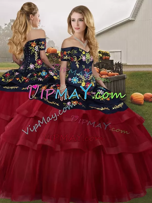 Exceptional Wine Red Lace Up Off The Shoulder Embroidery and Ruffled Layers Quinceanera Dresses Tulle Sleeveless Brush Train