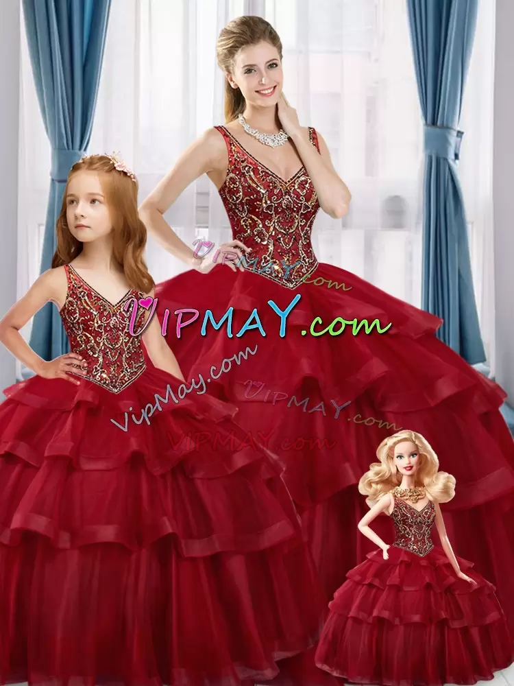 Red Sleeveless Tulle Lace Up Quinceanera Dress for Military Ball and Sweet 16 and Quinceanera