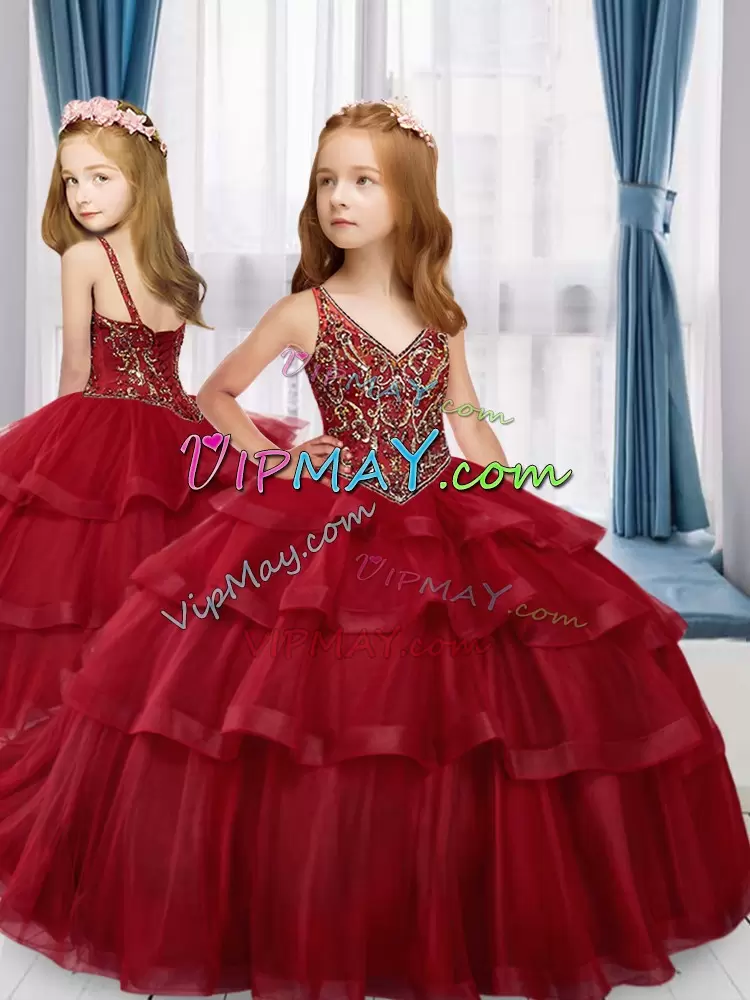 Red Sleeveless Tulle Lace Up Quinceanera Dress for Military Ball and Sweet 16 and Quinceanera