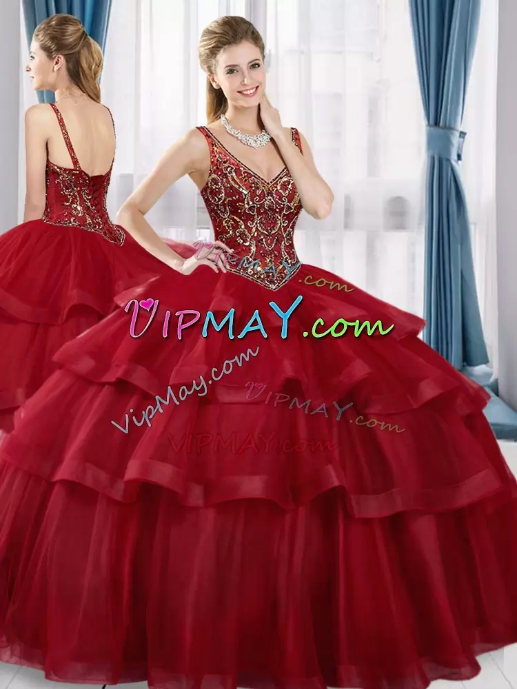 Red Sleeveless Tulle Lace Up Quinceanera Dress for Military Ball and Sweet 16 and Quinceanera