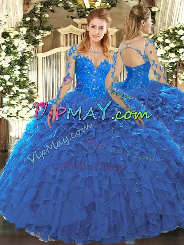 Scoop Long Sleeves Organza Ball Gown Prom Dress Lace and Ruffles Lace Up