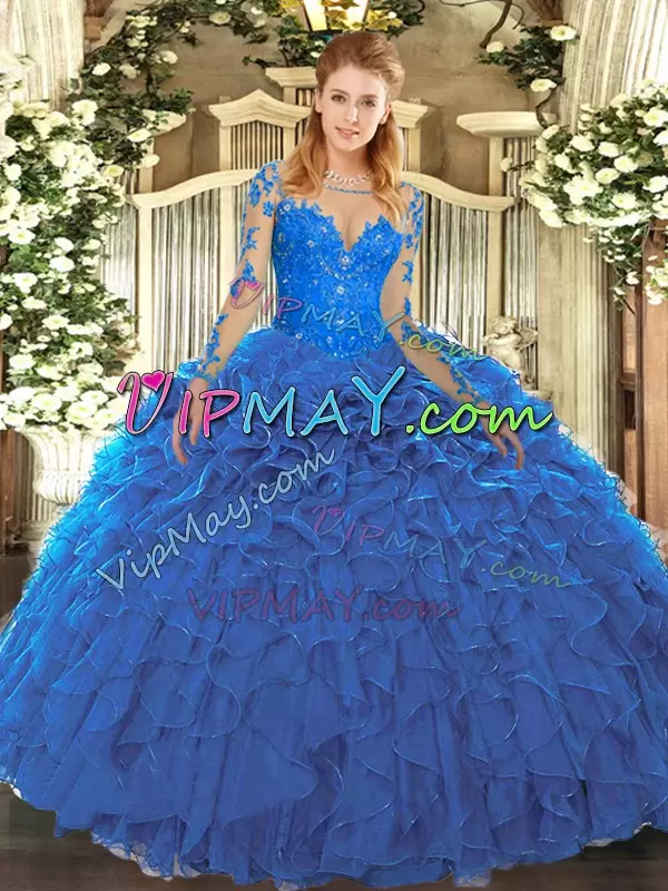 Scoop Long Sleeves Organza Ball Gown Prom Dress Lace and Ruffles Lace Up