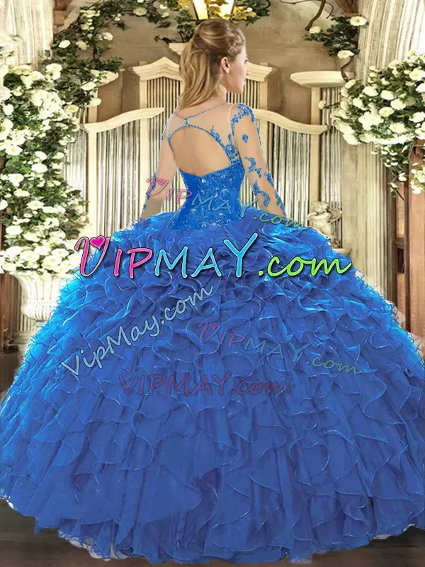 Scoop Long Sleeves Organza Ball Gown Prom Dress Lace and Ruffles Lace Up