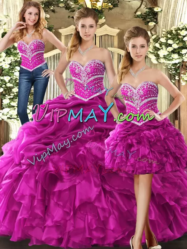 Great Fuchsia Lace Up 15 Quinceanera Dress Beading and Ruffles Sleeveless Floor Length