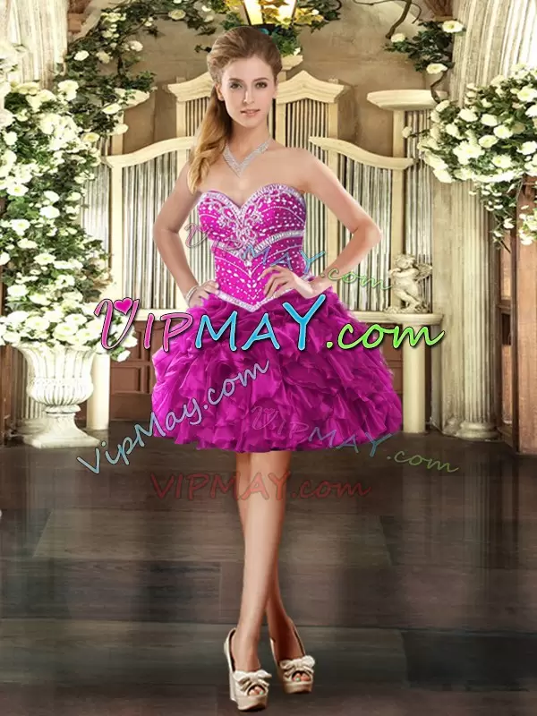 Great Fuchsia Lace Up 15 Quinceanera Dress Beading and Ruffles Sleeveless Floor Length