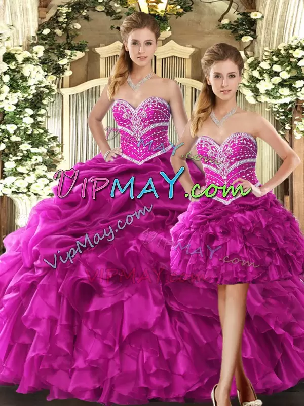 Great Fuchsia Lace Up 15 Quinceanera Dress Beading and Ruffles Sleeveless Floor Length