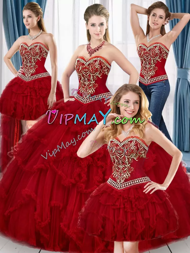 Flare Red Ball Gowns Beading and Ruffles Ball Gown Prom Dress Lace Up Tulle Sleeveless Floor Length