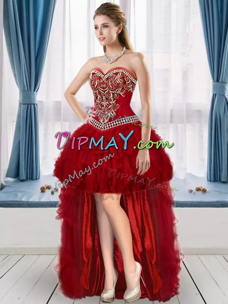 Flare Red Ball Gowns Beading and Ruffles Ball Gown Prom Dress Lace Up Tulle Sleeveless Floor Length