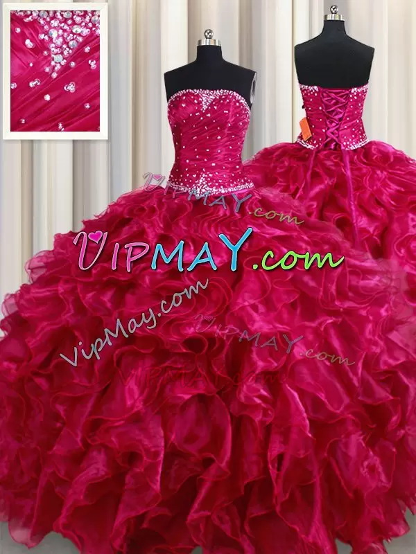 Fuchsia Sleeveless Beading and Ruffles Floor Length Ball Gown Prom Dress