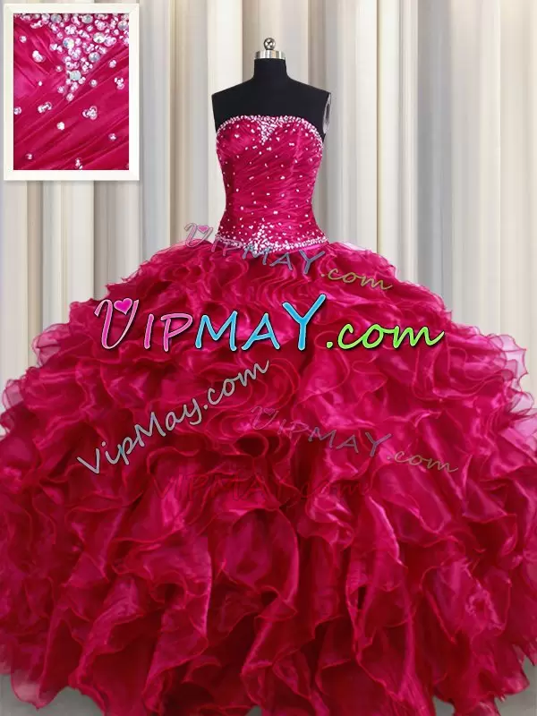 Fuchsia Sleeveless Beading and Ruffles Floor Length Ball Gown Prom Dress