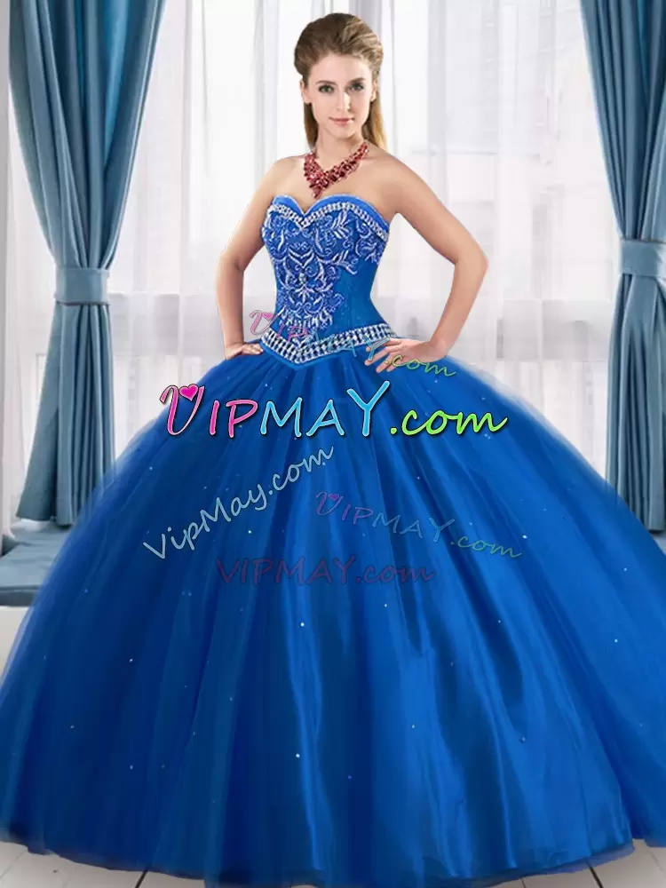 Sweetheart Sleeveless Quinceanera Gown Floor Length Beading Royal Blue Tulle