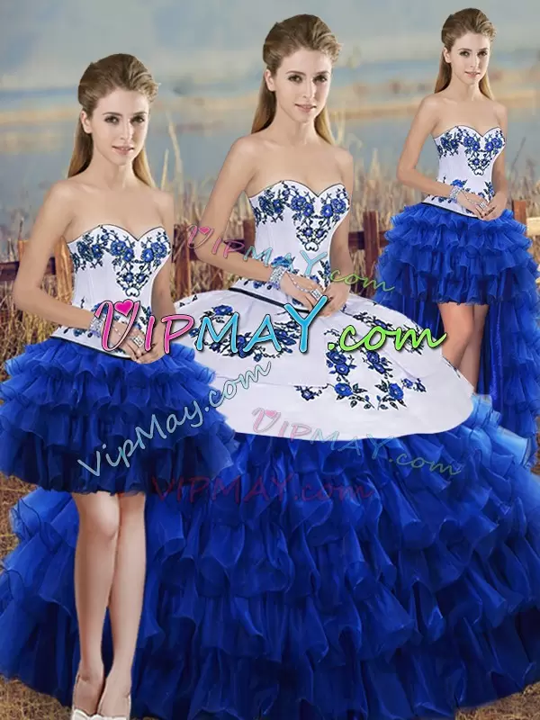 Royal Blue Sweet 16 Dresses Military Ball and Sweet 16 and Quinceanera with Embroidery and Ruffled Layers and Bowknot Sweetheart Sleeveless Lace Up