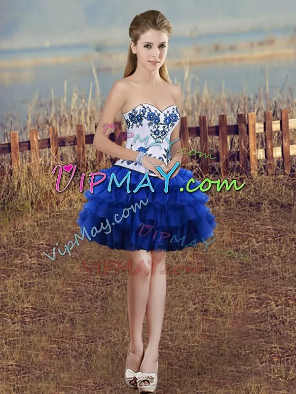 Royal Blue Sweet 16 Dresses Military Ball and Sweet 16 and Quinceanera with Embroidery and Ruffled Layers and Bowknot Sweetheart Sleeveless Lace Up