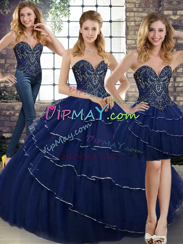 Elegant Sweetheart Sleeveless Brush Train Lace Up 15th Birthday Dress Navy Blue Tulle Beading and Ruffled Layers