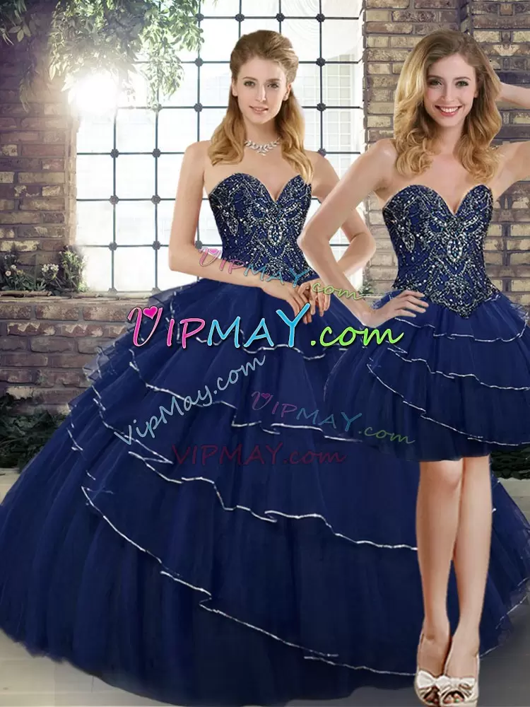 Elegant Sweetheart Sleeveless Brush Train Lace Up 15th Birthday Dress Navy Blue Tulle Beading and Ruffled Layers