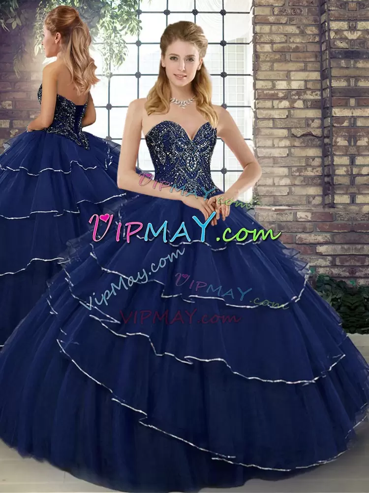 Elegant Sweetheart Sleeveless Brush Train Lace Up 15th Birthday Dress Navy Blue Tulle Beading and Ruffled Layers