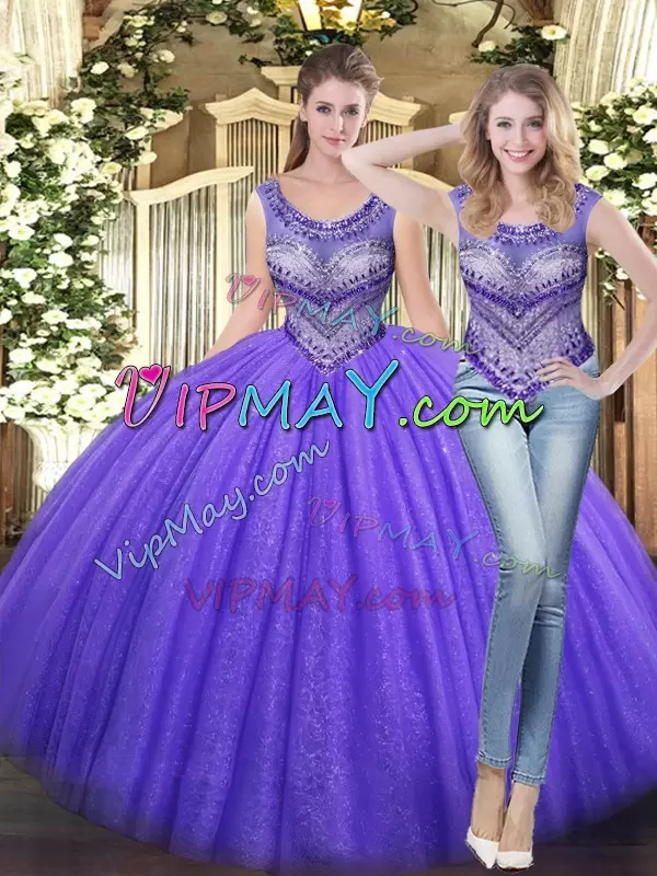 Luxury Lavender Lace Up Scoop Beading Quince Ball Gowns Tulle Sleeveless