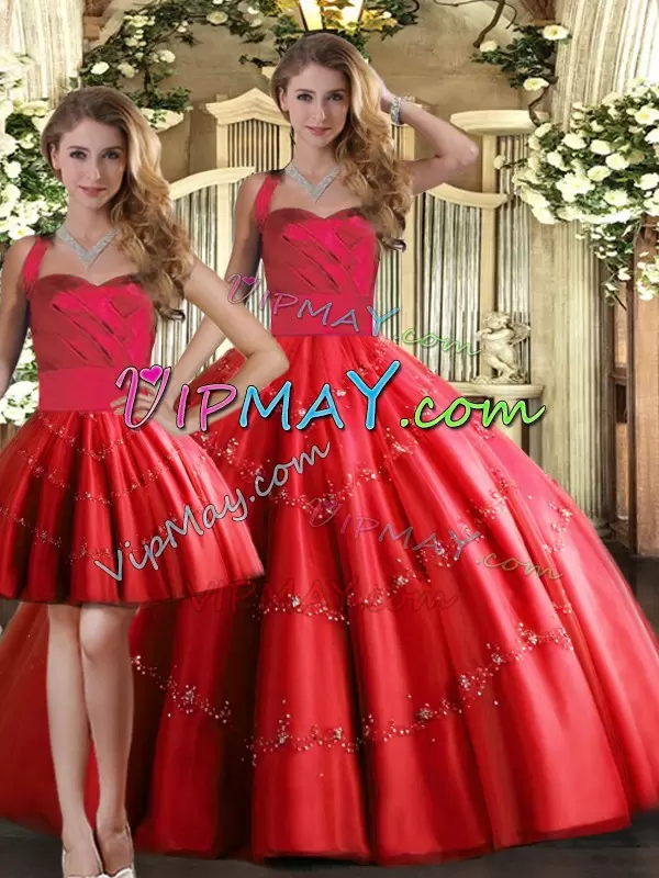New Arrival Floor Length Red 15th Birthday Dress Tulle Sleeveless Appliques
