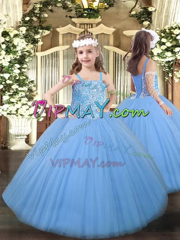 Sleeveless Tulle Floor Length Lace Up Quince Ball Gowns in Baby Blue with Beading